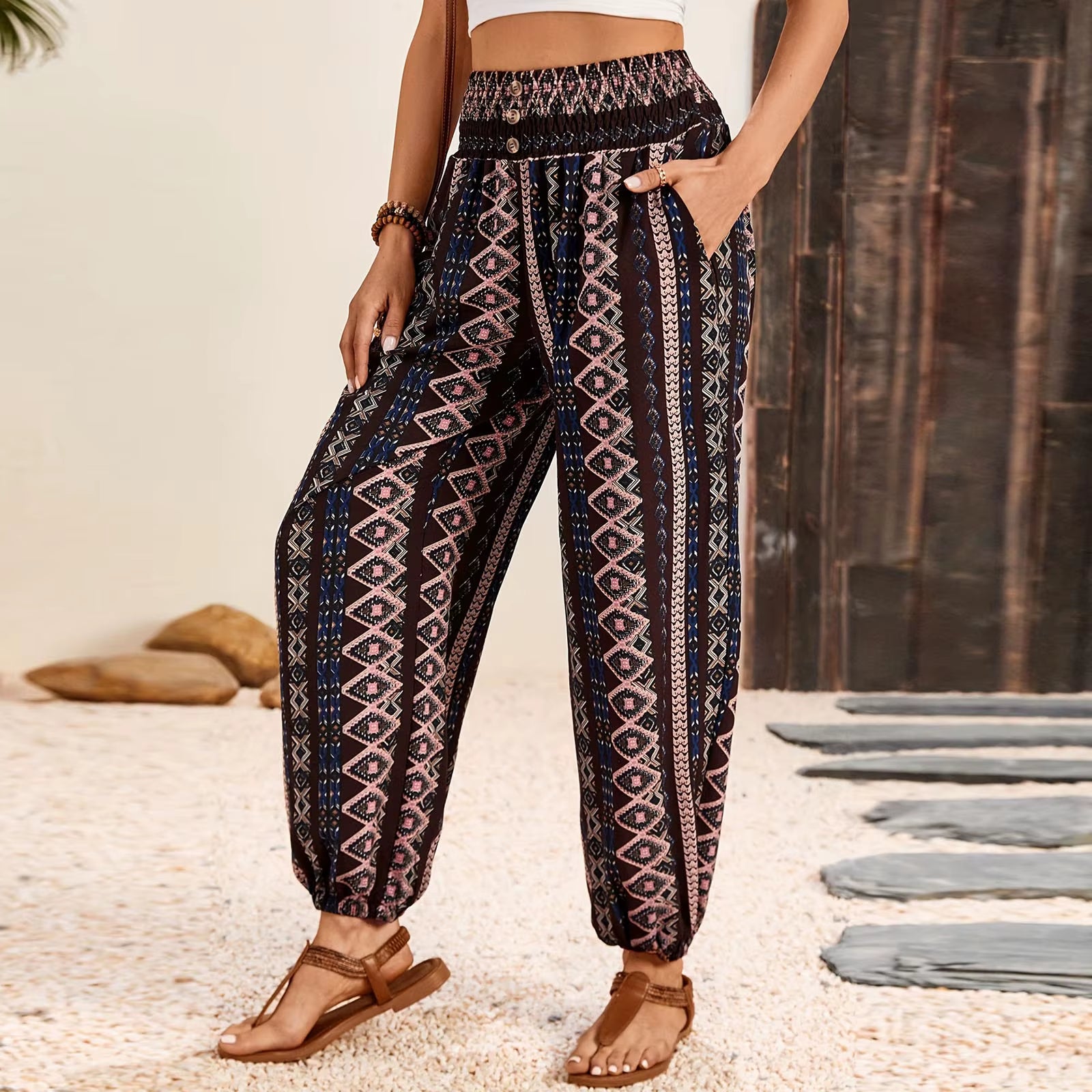 Women High Waist Hippie Pants Boho Loose Yoga Printed Pants Rayon Pocket Female Beach Clothing Daily Harem Jogging Outdoor