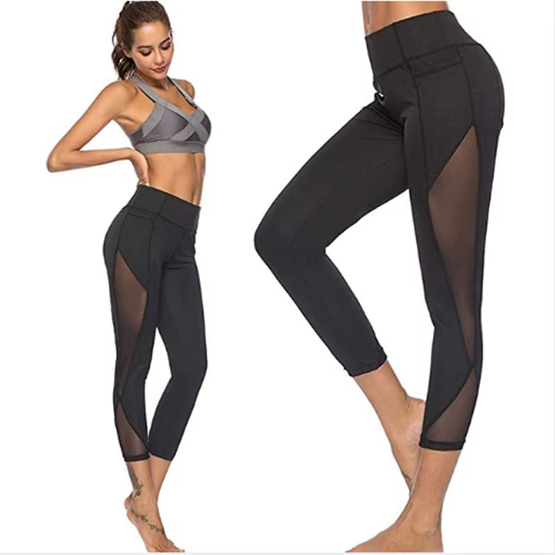 Sexy Mesh Leggings Summer New Women'S Clothing Hollow Out Lace Black Sports Yoga Pants Fashion High Waist Elasticity Splicing
