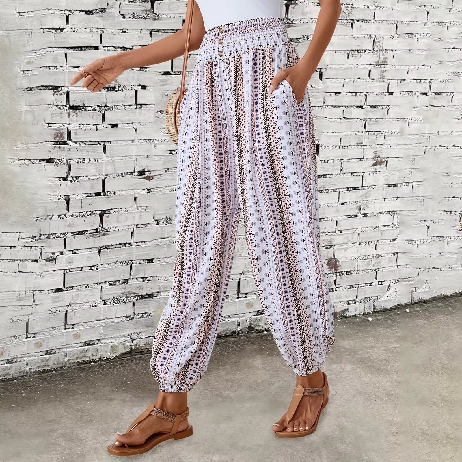 Women High Waist Hippie Pants Boho Loose Yoga Printed Pants Rayon Pocket Female Beach Clothing Daily Harem Jogging Outdoor