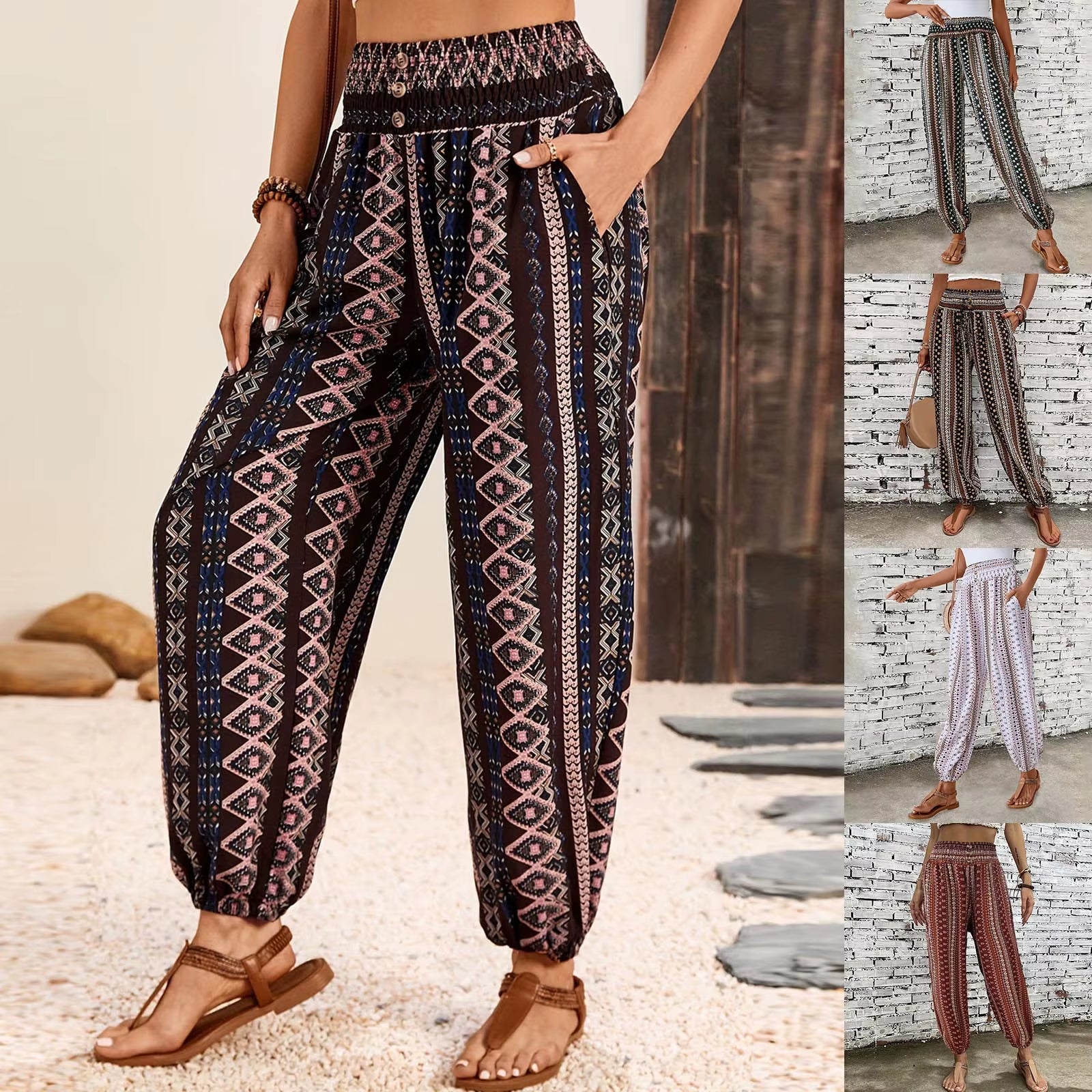 Women High Waist Hippie Pants Boho Loose Yoga Printed Pants Rayon Pocket Female Beach Clothing Daily Harem Jogging Outdoor