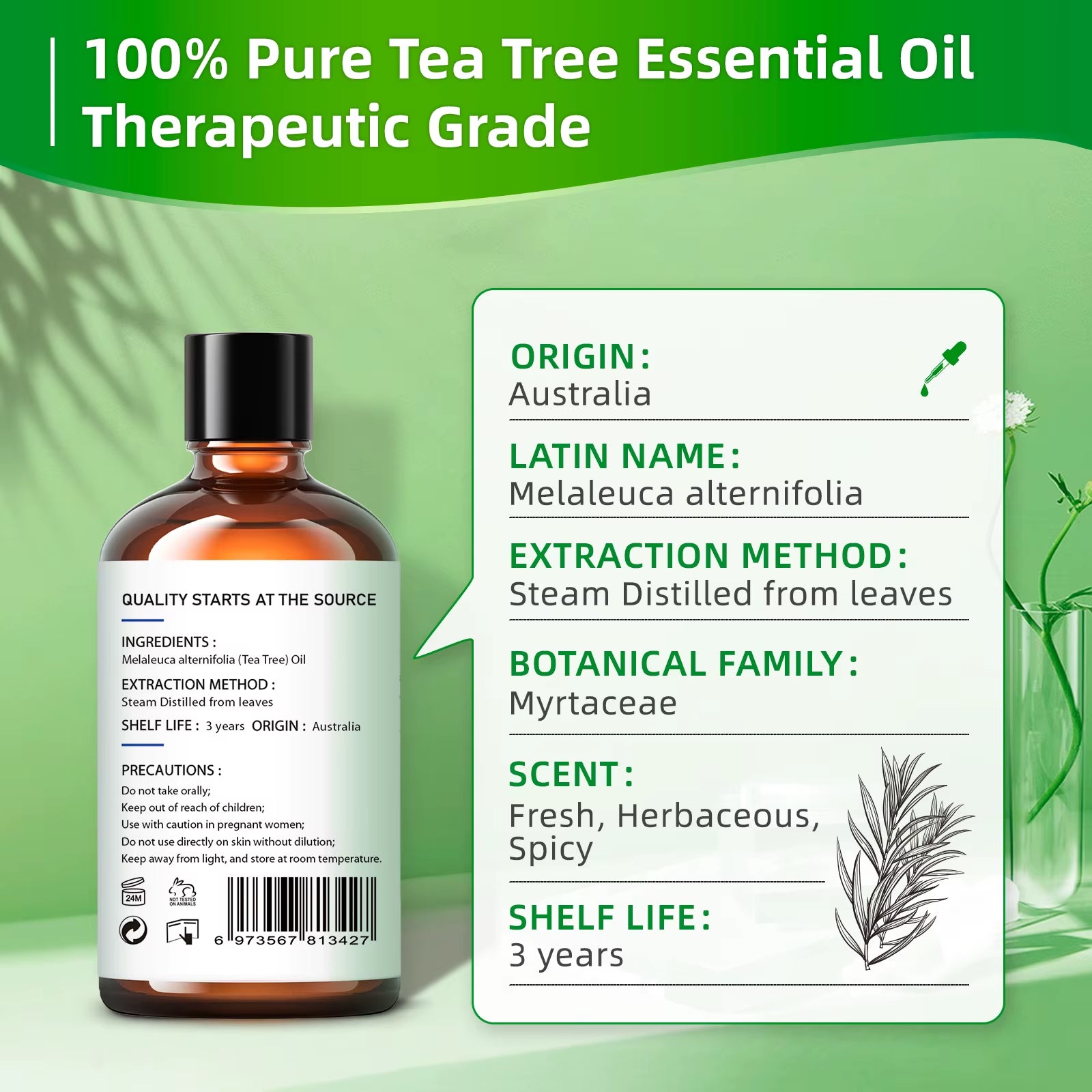 100ML Tea Tree Essential Oils for Diffuser Humidifier Aromatherapy Massage Aromatic Oil for Candles Making Soap Hair Care