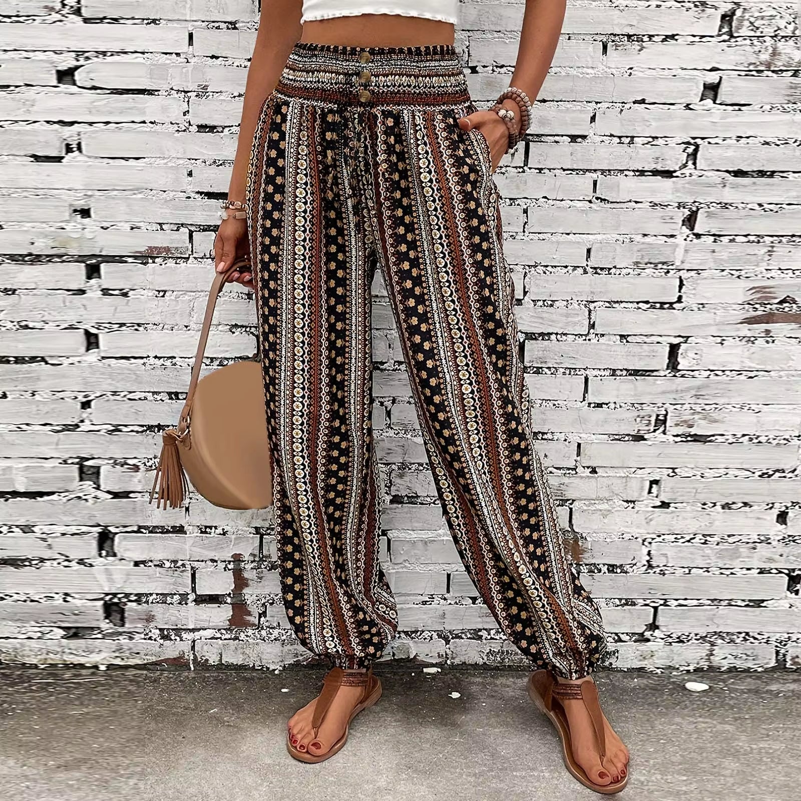 Women High Waist Hippie Pants Boho Loose Yoga Printed Pants Rayon Pocket Female Beach Clothing Daily Harem Jogging Outdoor